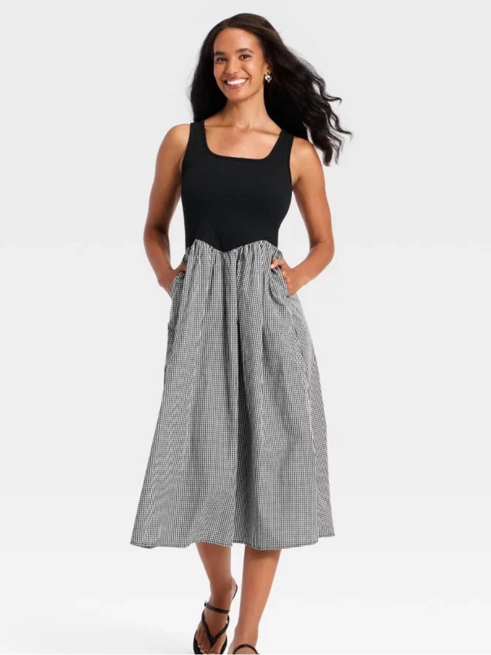 Women's Pullover Knit to Woven Midi Dress - A New Day™ Black/White Gingham XS/S